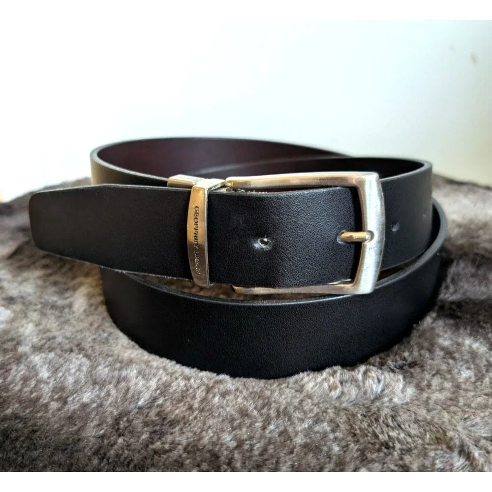 Geoffrey Beene Leather Belt Men's 40 Black Silver Office Business Made in Italy